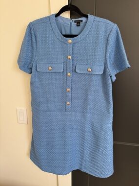 Ann Taylor Light Blue Short-Sleeve Tweed Shift Dress with Gold Buttons
